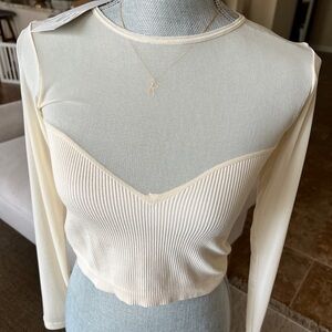 Sheer Panel Ribbed Long-Sleeve Top - Cream